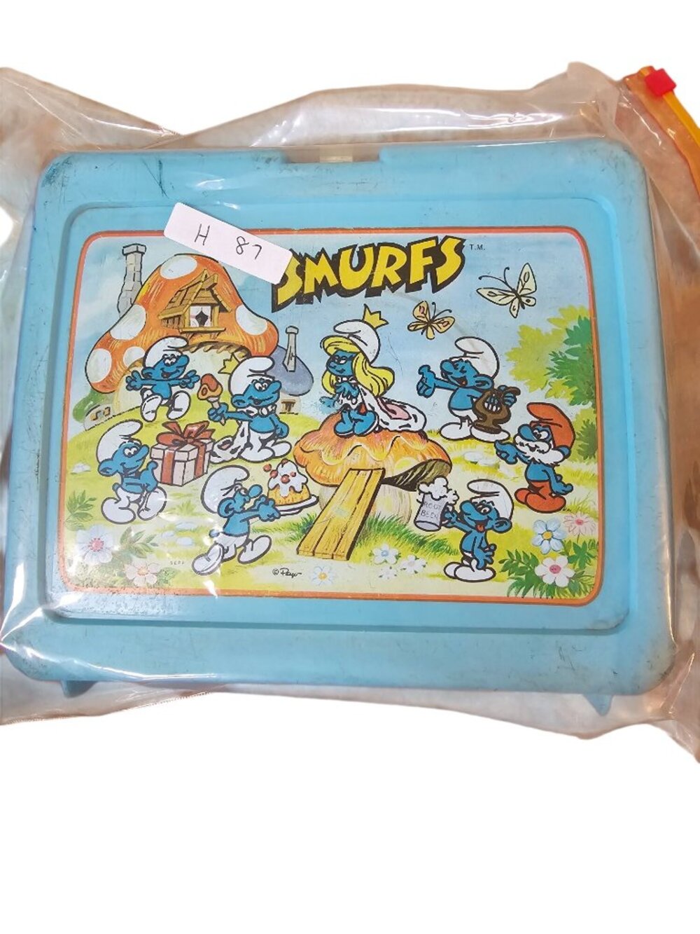 Vintage Smurfs Blue Plastic Lunch Box With Colorful Cartoon Design